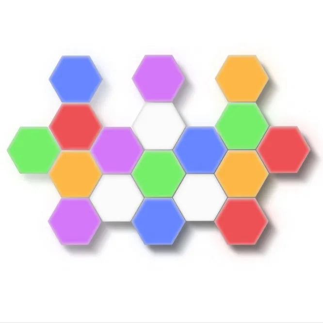 Helios modular honeycomb wall lamp panels in assembled geometric pattern with touch activation