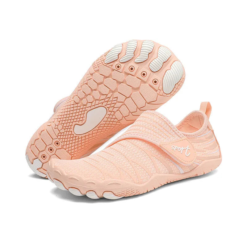 Pair of men and women outdoor wading shoes with mesh upper and rubber sole in black