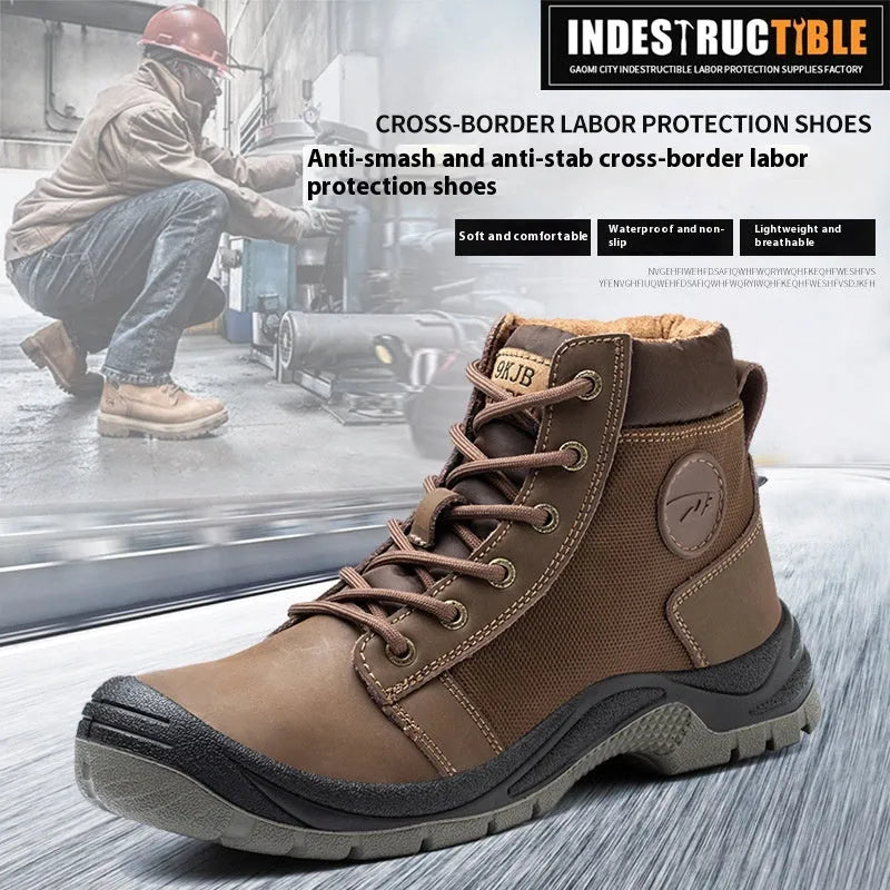 Orange lightweight labour protection safety shoes with leather upper and rubber sole for anti-smashing and puncture resistance.