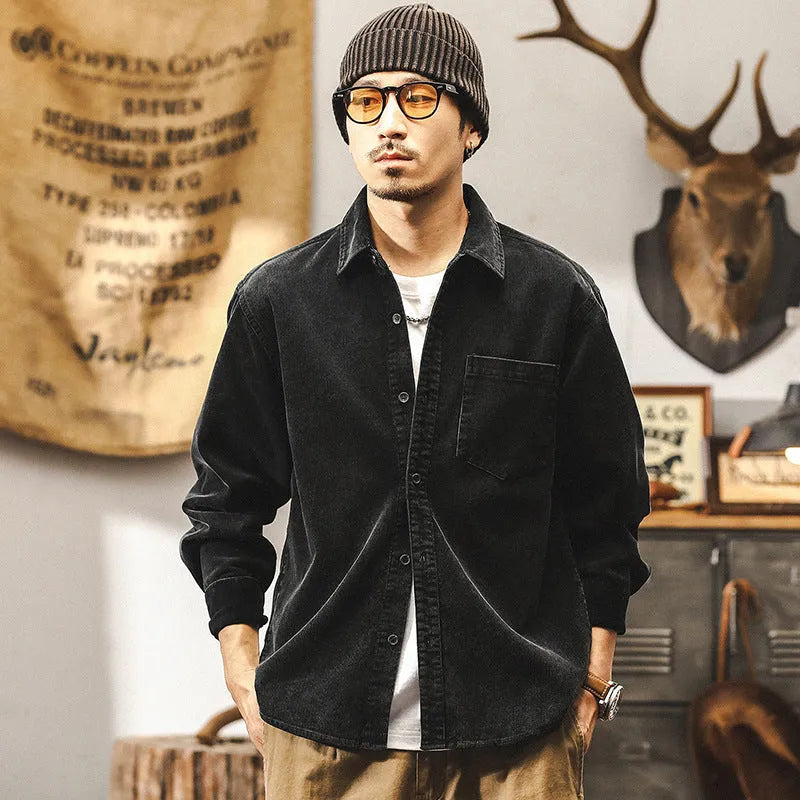 Men's retro corduroy shirt jacket in loose fit available in red and black colours