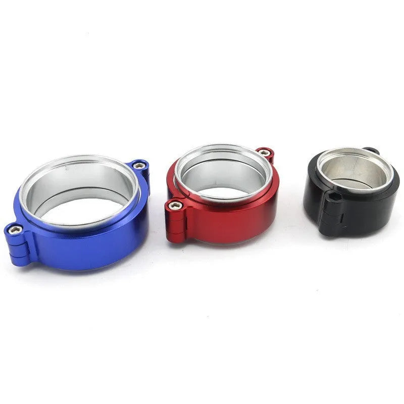 Aluminium fixed movement exhaust clamp in black, blue, or red for 2-inch to 4-inch downspouts.
