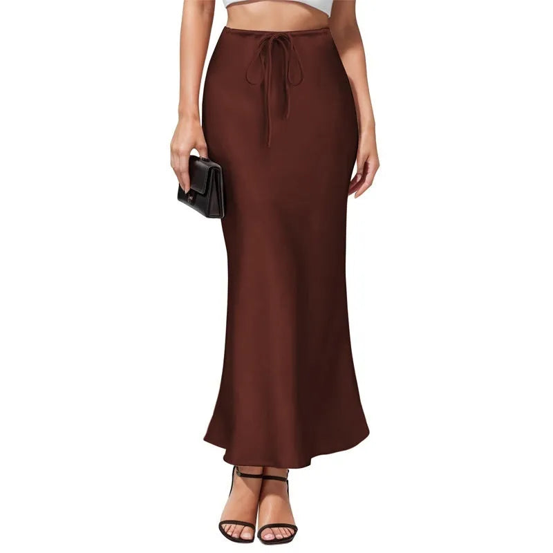 Asymmetric high-waist acetate satin skirt in solid colour with irregular stitching detail