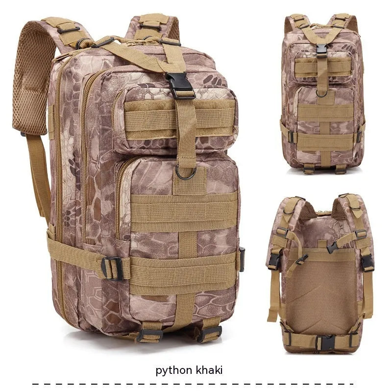 Large khaki coloured off-road hiking backpack with air pillow belt system on a rocky outdoor trail.