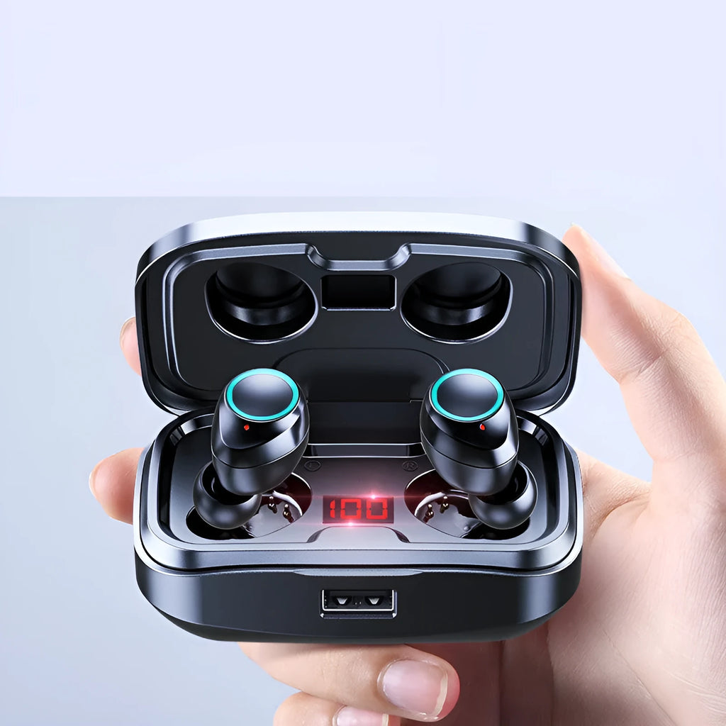 Black wireless in-ear headphones with Bluetooth 5.0, shown alongside red and blue colour options.