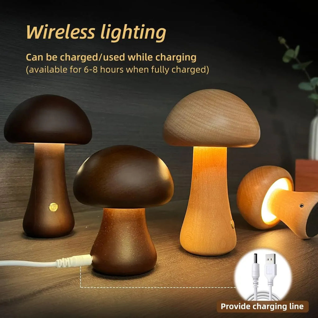 INS wooden mushroom LED night light with touch switch, walnut colour, on a bedside table