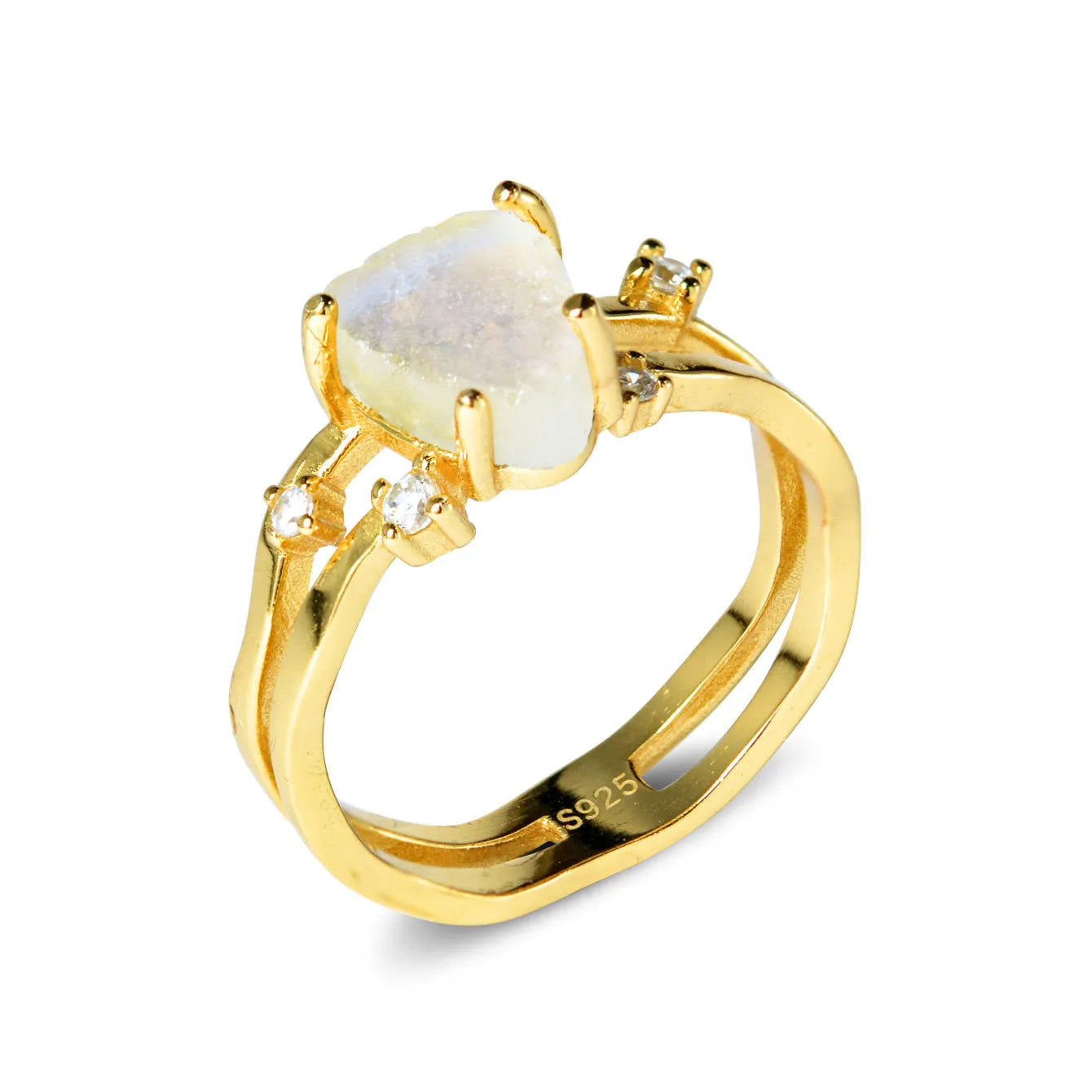 S925 silver geometric ring featuring an irregular triangle design with a moonstone, shown in rose gold, white gold, and yellow gold finishes.