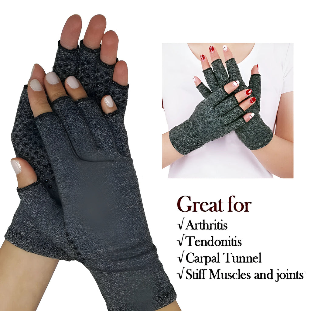 Grey half finger compression gloves with an anti-slip texture, shown laid flat.