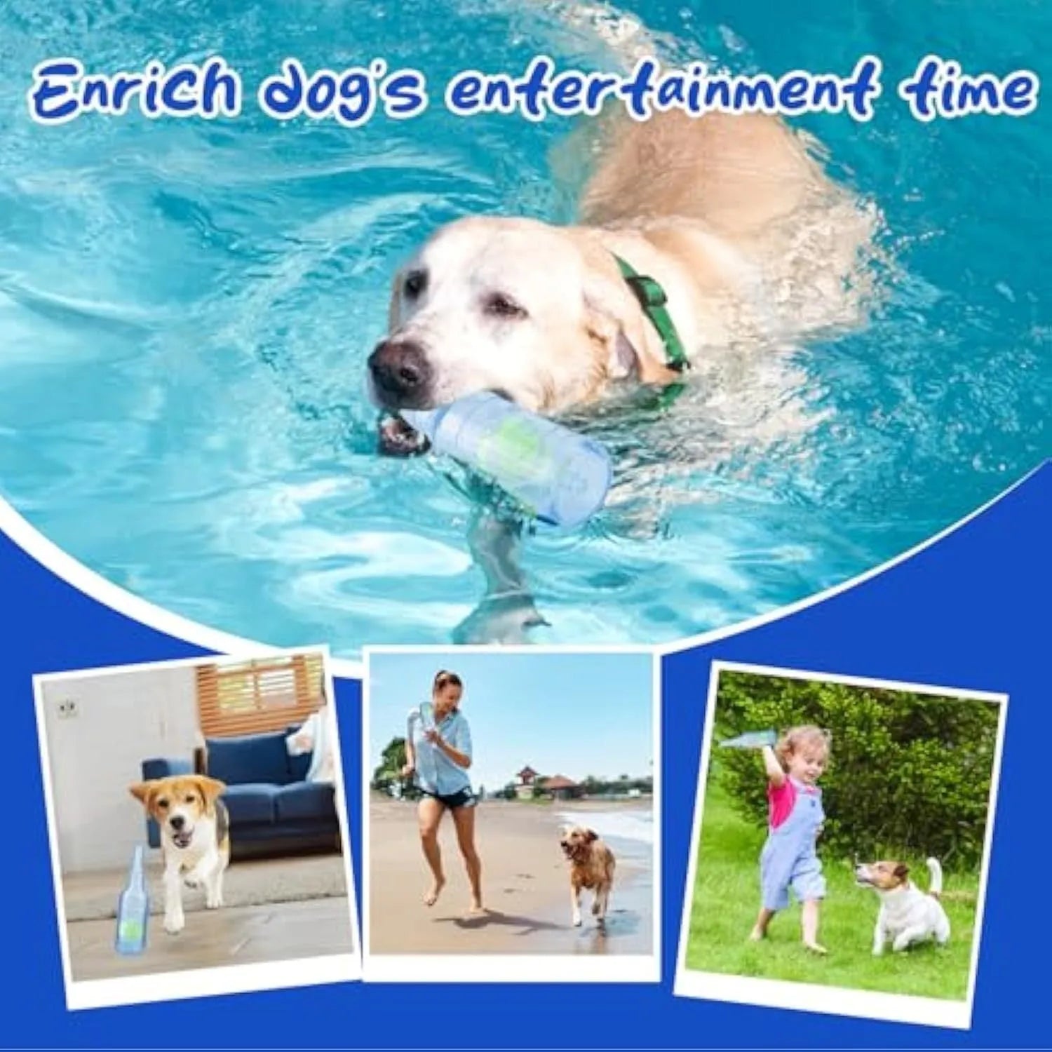 Blue water bottle shaped dog chew toy with squeaker for aggressive chewers