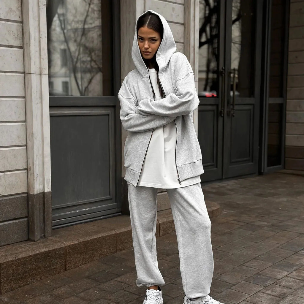 Street style long-sleeved coat and trousers two-piece set in grey colour
