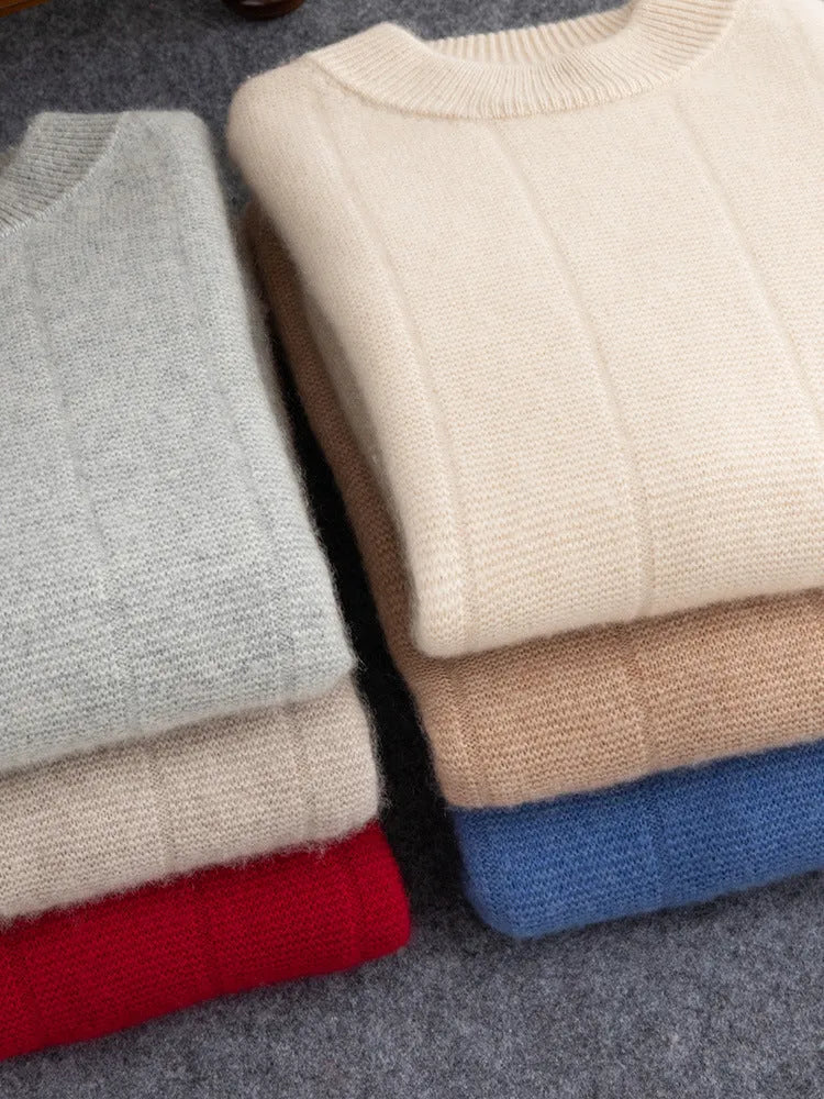 High Sense men double thick cashmere sweater round neck striped solid colour pullover winter casual bottoming shirt