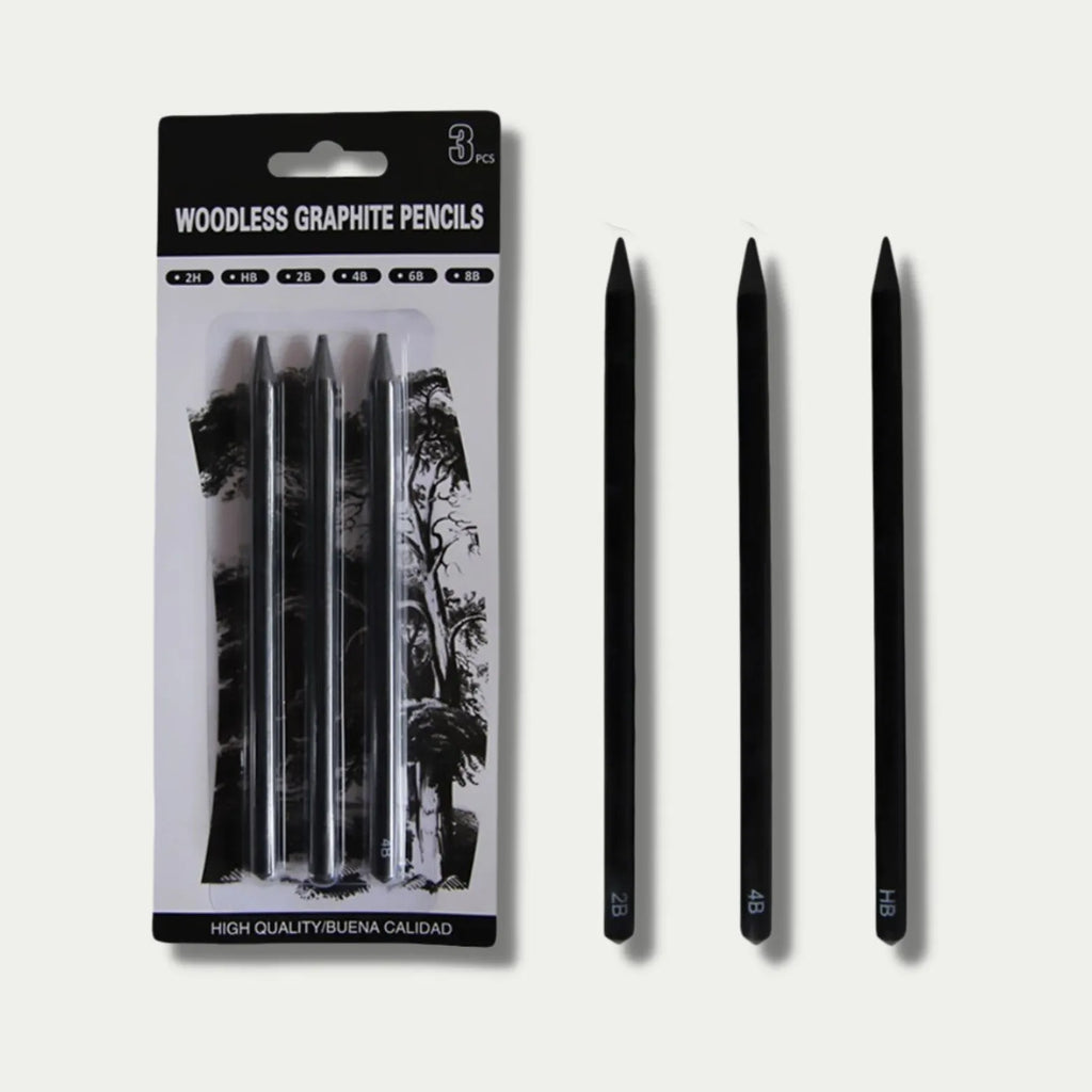 Set of six wood-free graphite sketching pencils with HB, 2B, 4B, 6B, 8B, EE gradings for art.