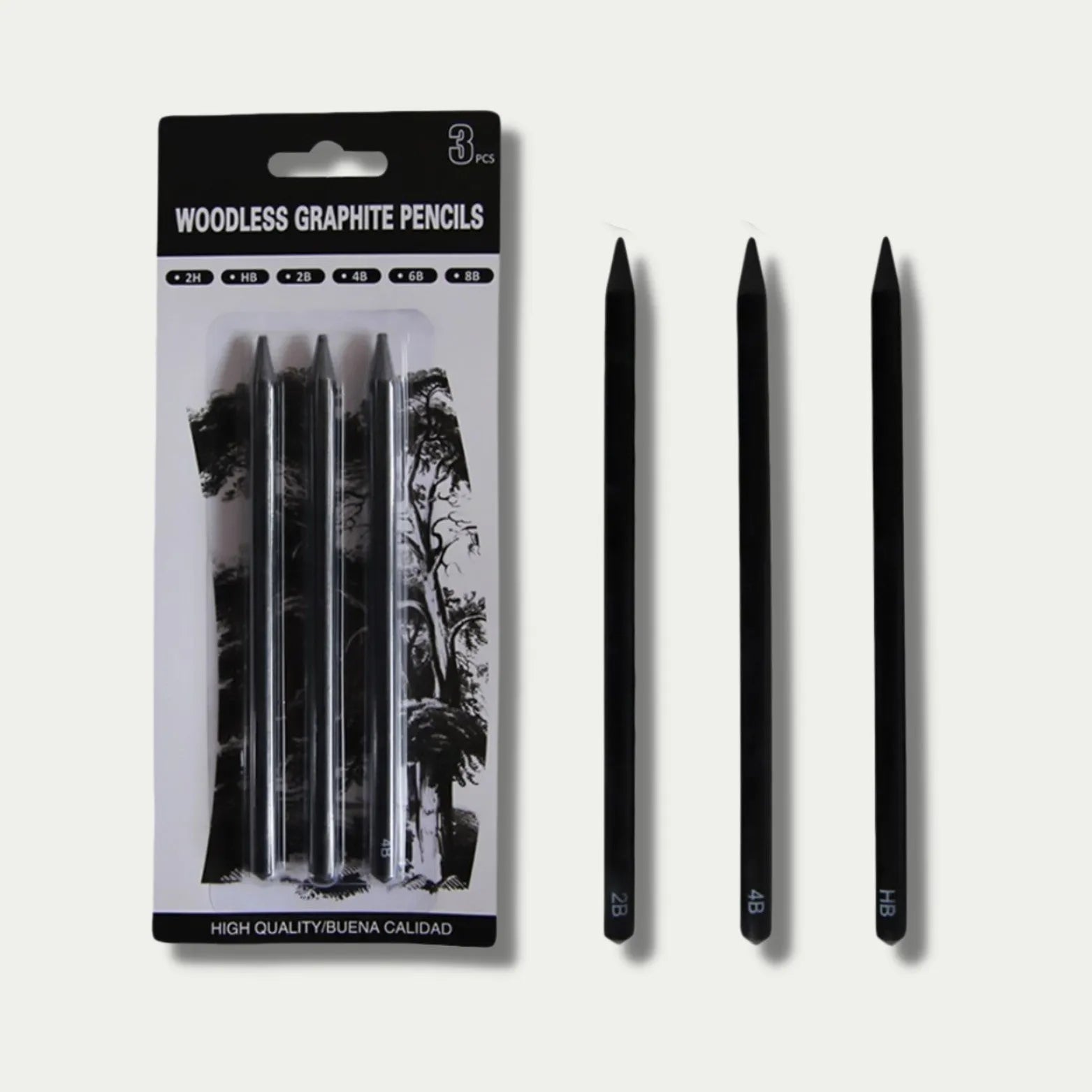Set of six wood-free graphite sketching pencils with HB, 2B, 4B, 6B, 8B, EE gradings for art.