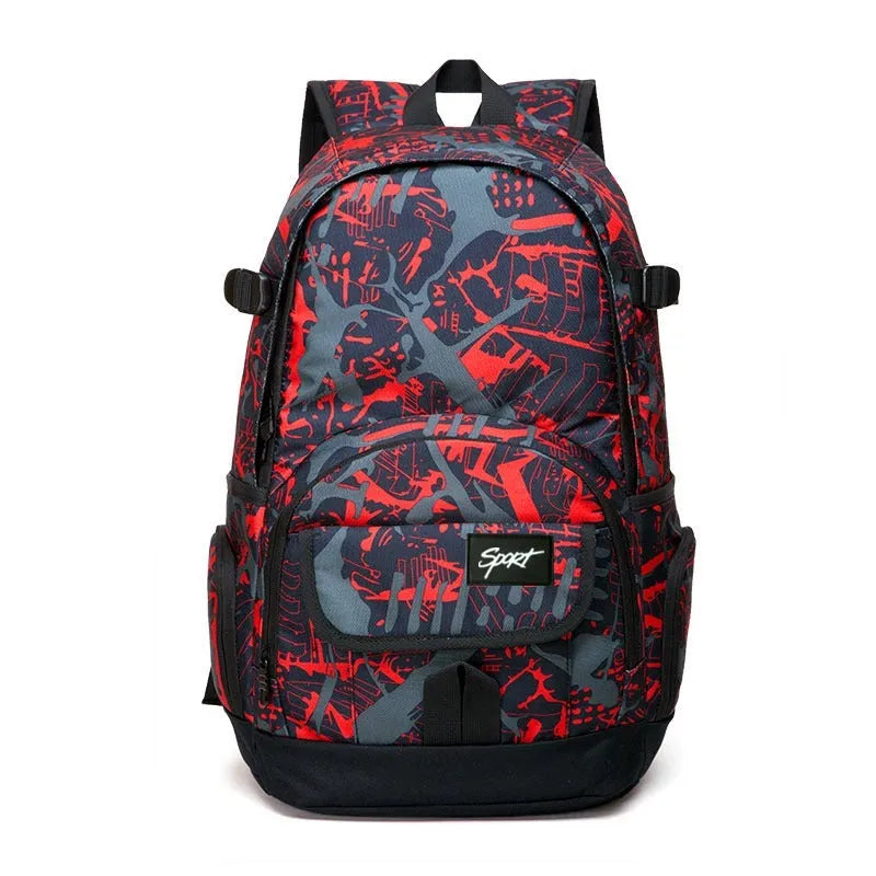 Blue and red large classic nylon backpack for students and teenagers.