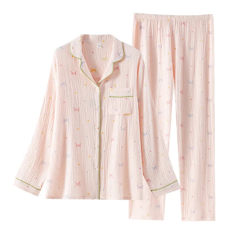 Women's long sleeve cotton pajamas set in pink and beige colour options