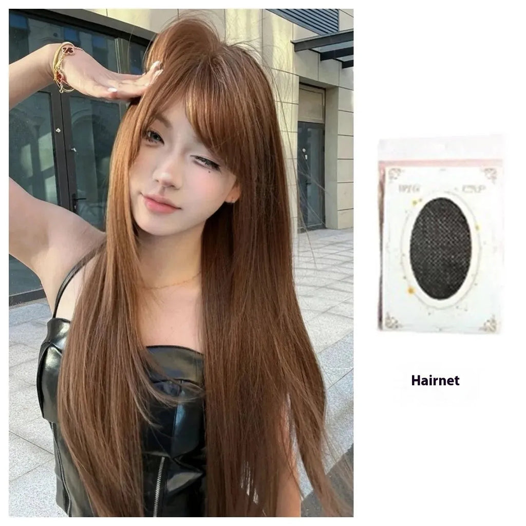 Warm brown long straight synthetic wig with bangs for women.