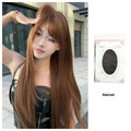 Warm brown long straight synthetic wig with bangs for women.