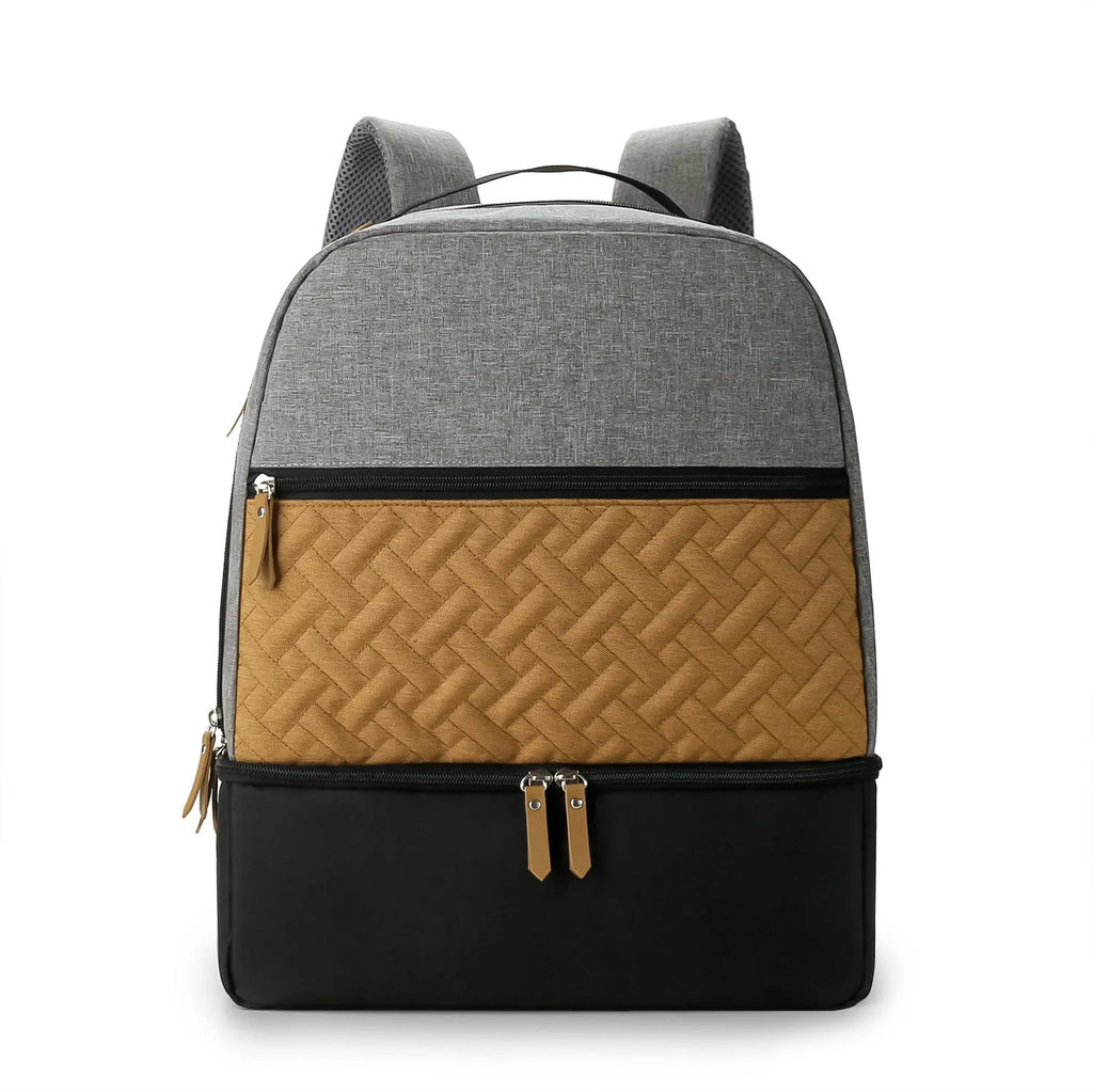 Grey insulated mother and child travel backpack with curved shoulder straps showing interior organisational compartments