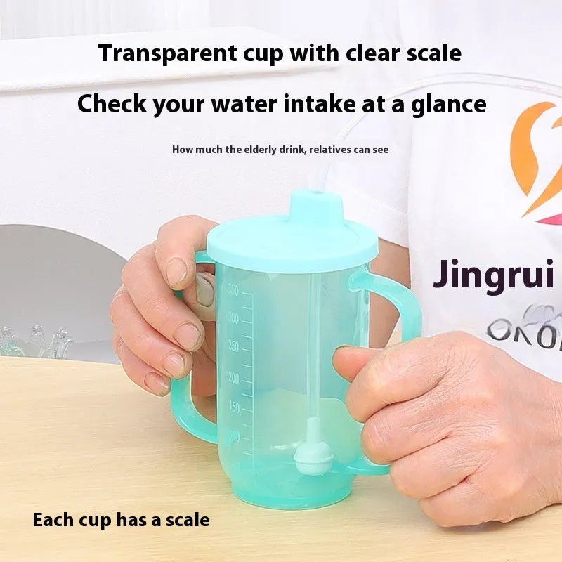 Adult bedside drinking cup with lid and handle, shown in various styles including an oblique mouth choke-proof design.