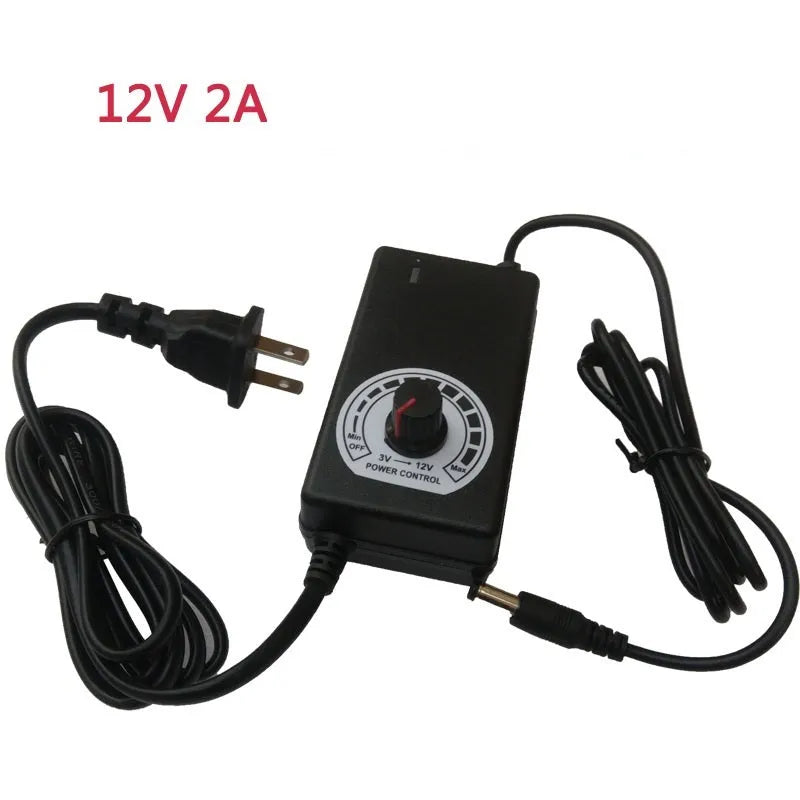 Compact black adjustable power adapter with LED digital display showing voltage output on a white background