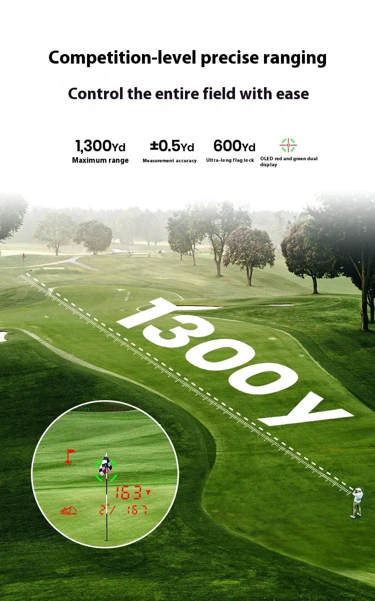 Black GenePro G1 GPS rangefinder with AMOLED screen showing distance measurement display.