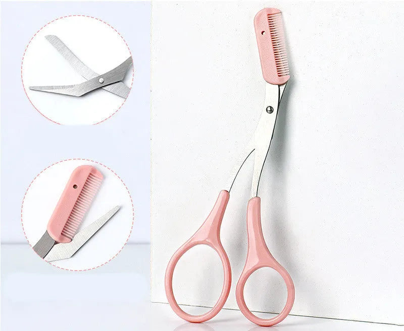 Curved moon shape eyebrow trimming knife with comb in white and pink colours