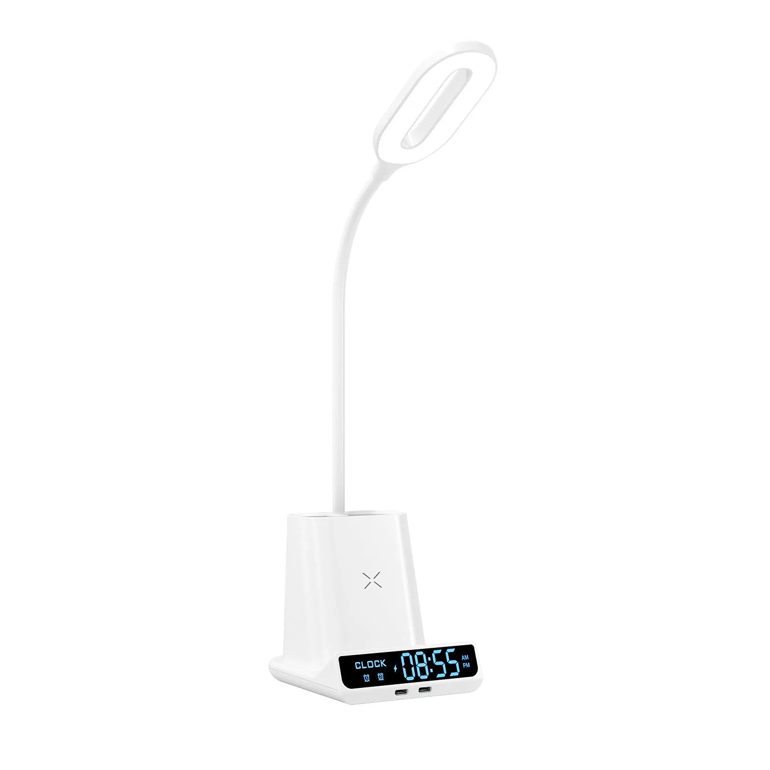 Modern minimalist desk lamp with wireless charging surface and integrated pen holder storage compartments