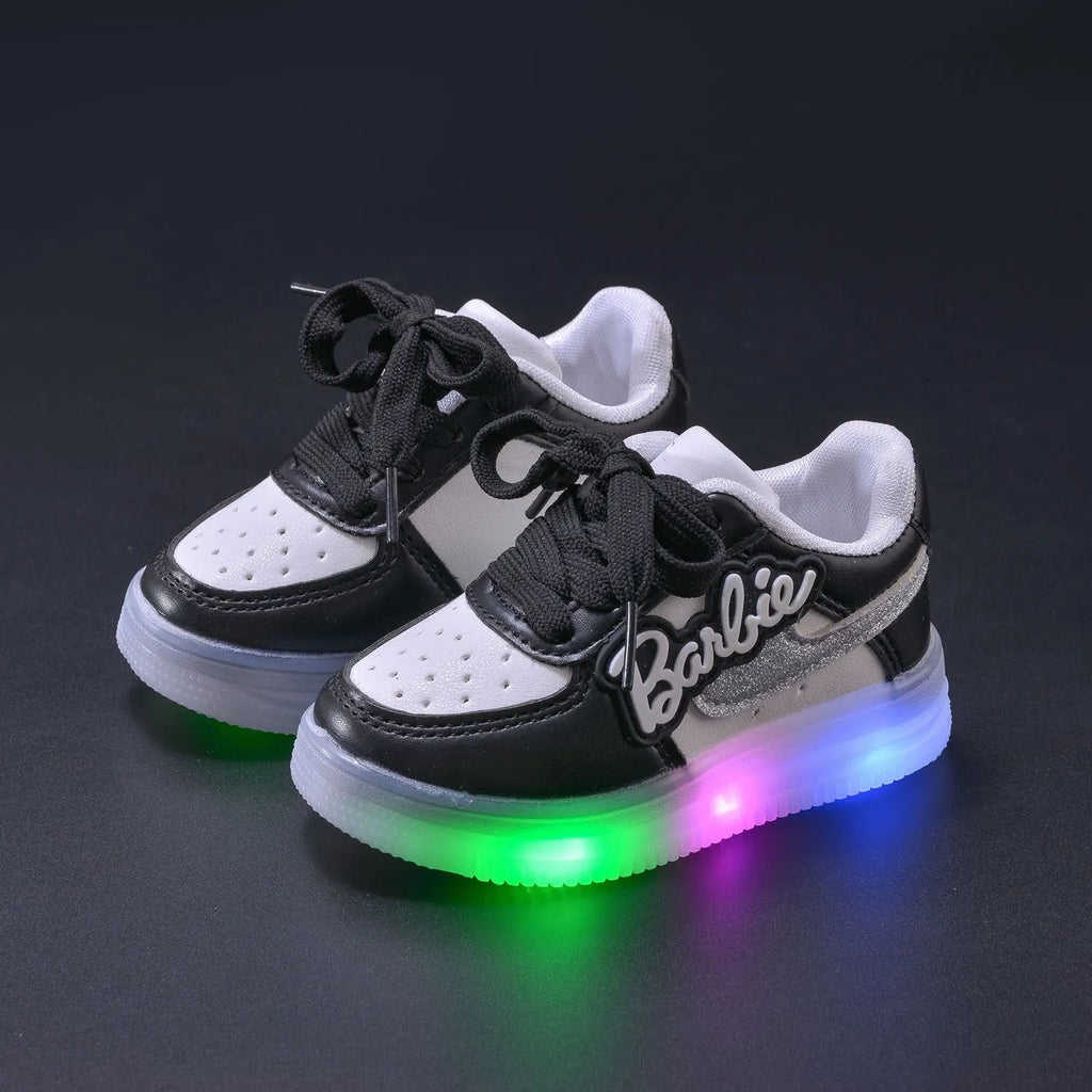Girls' soft soled board shoes with letter pattern and sequins, black or pink, Velcro fastening, sizes 21-30