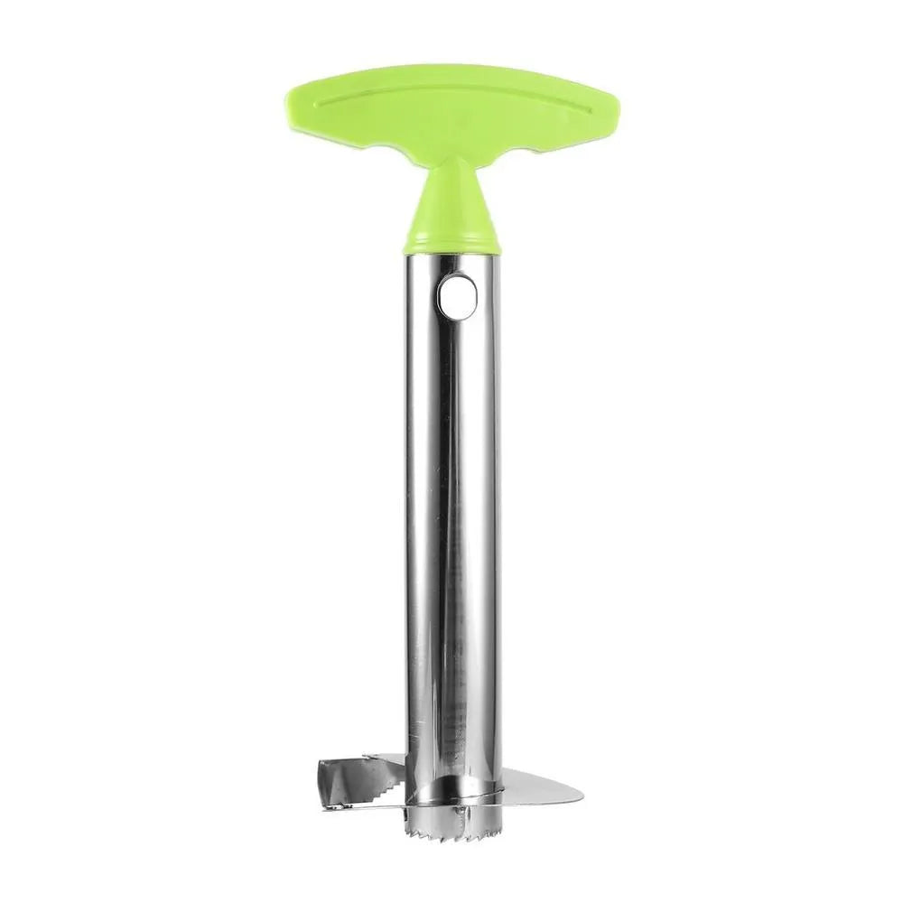 Stainless steel pineapple peeler with ergonomic handle and sawtooth blade on a countertop