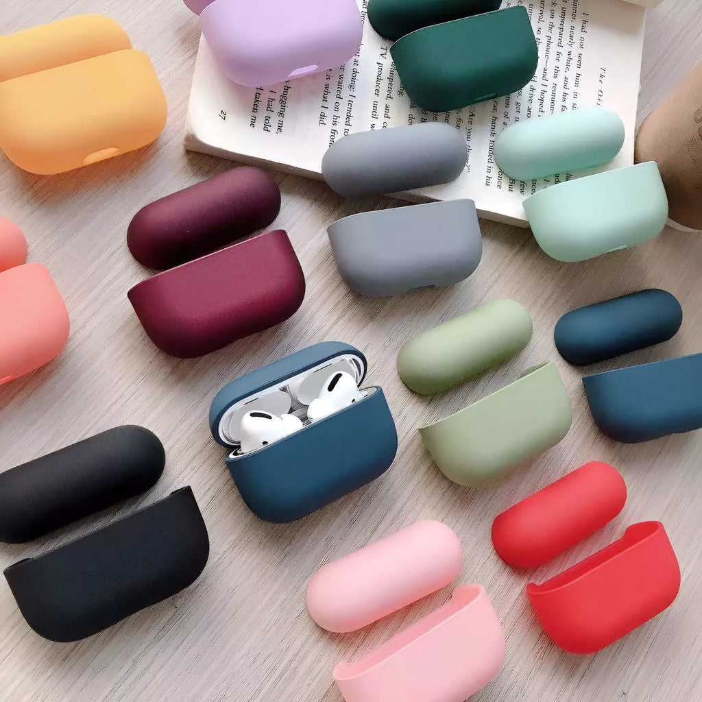 Plastic protective case for Apple AirPods Pro in various colours including red and mint green.
