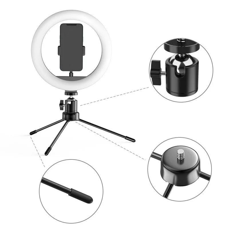 10 inch ring fill light desktop tripod stand with Bluetooth remote and phone holder on a table