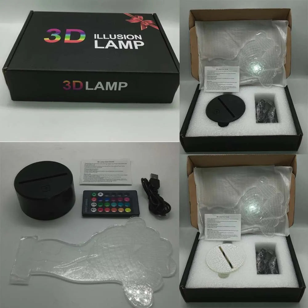 3D rose design LED night light with acrylic panel and ABS base showing multiple colour options.