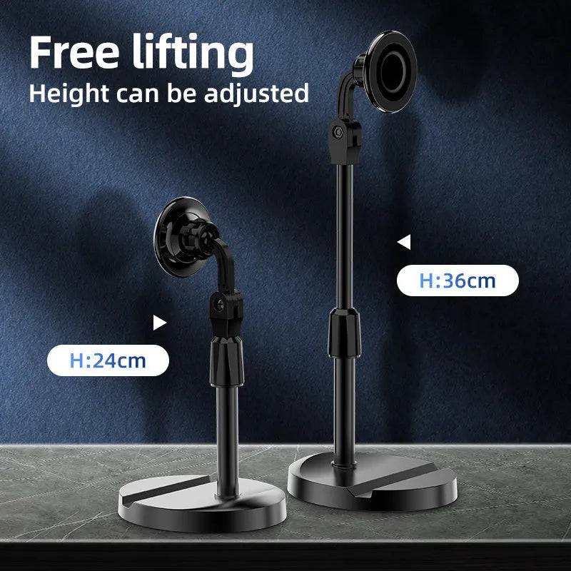 Black 360-degree rotating magnetic phone holder for car dashboard and live broadcast, universal magnetic suction mount.