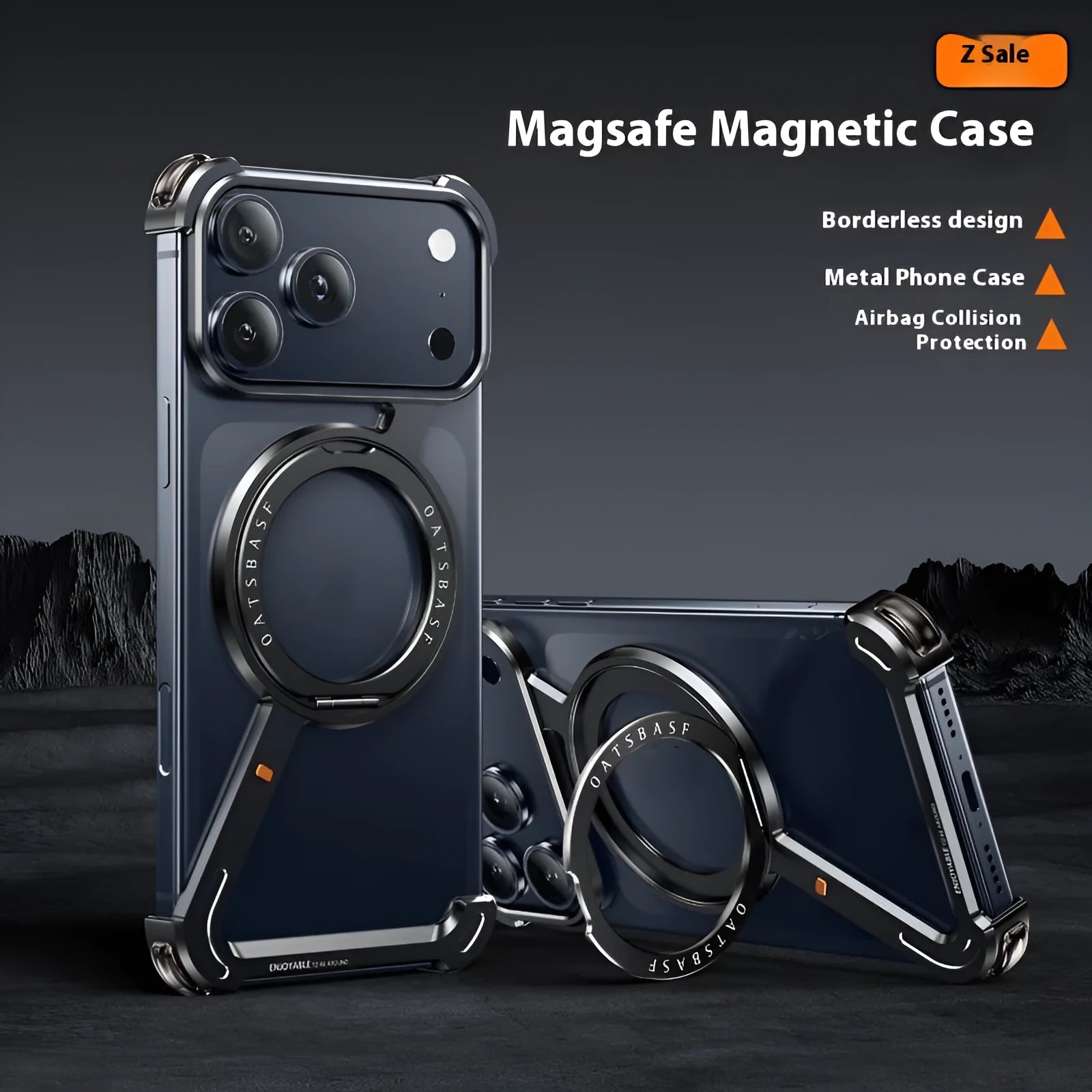 Black metal phone case for iPhone 17 Pro Max with an invisible magnetic bracket