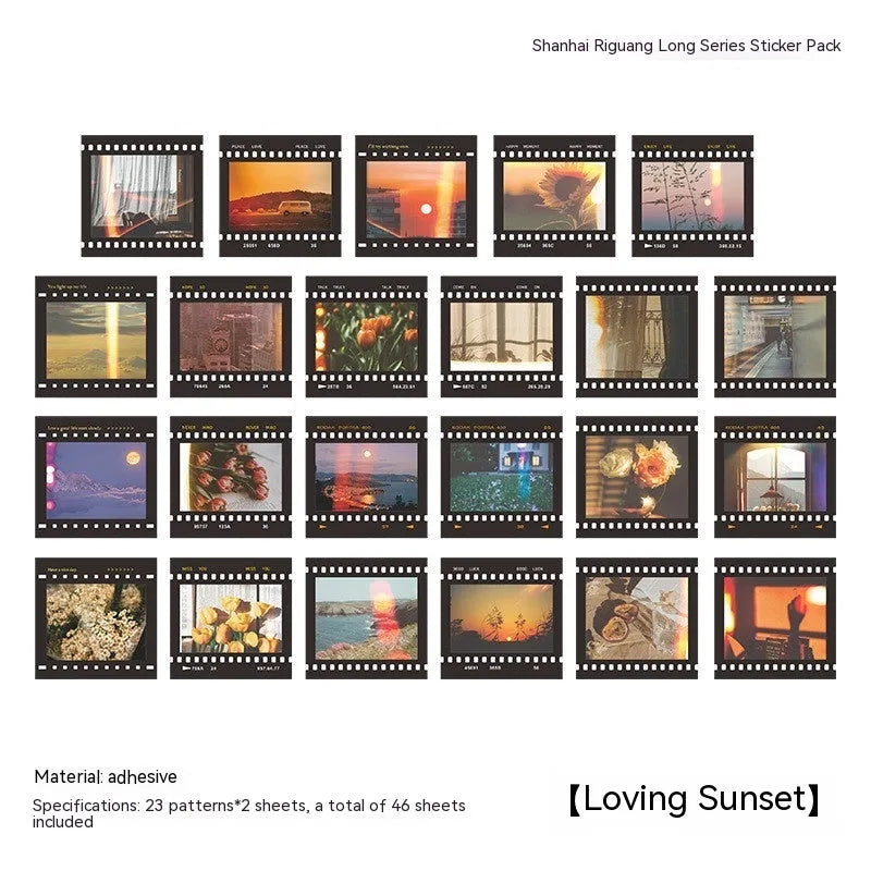 Box of mountain and sea sunshine decorative stickers showing six colour themes with 44mm square designs