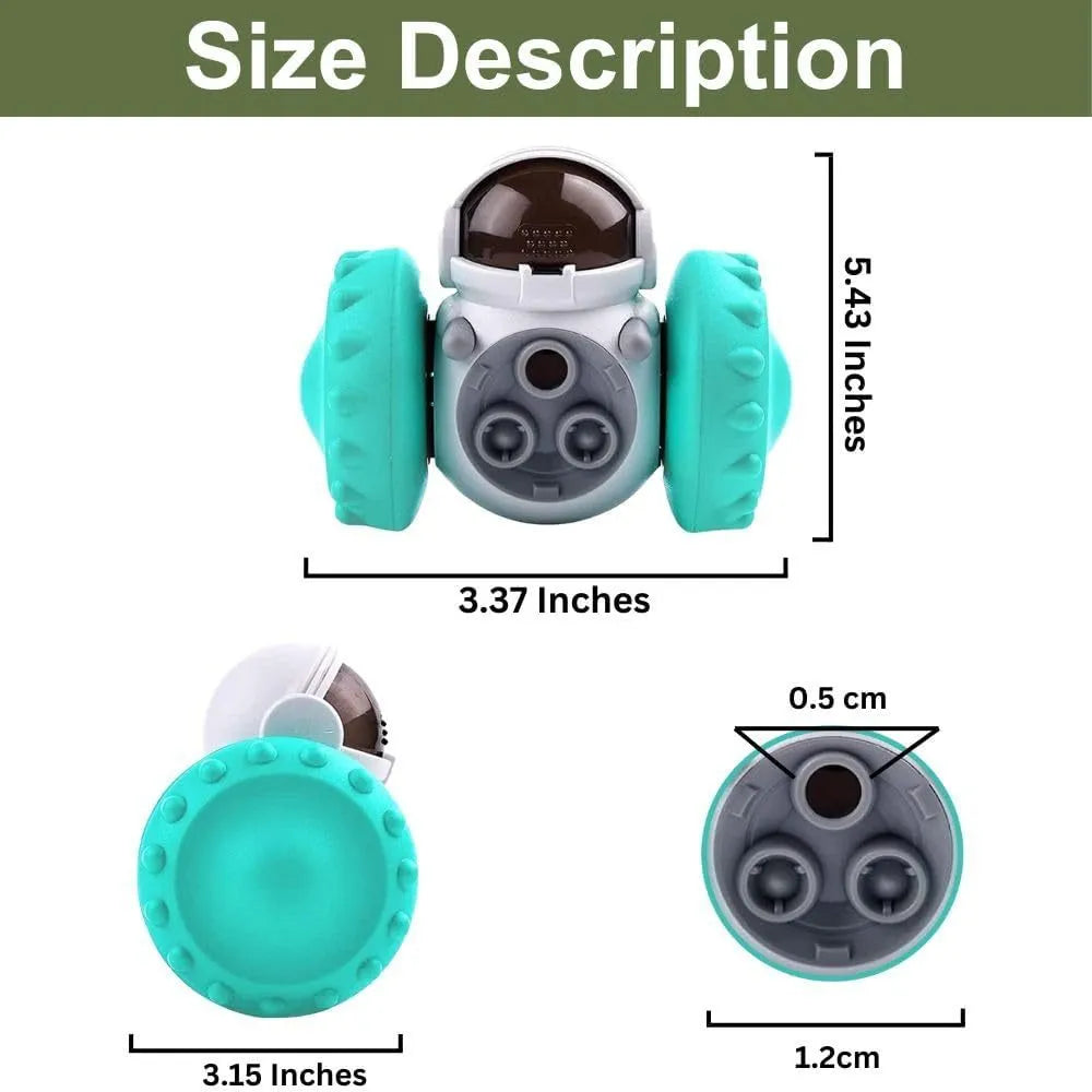 Robot-designed self-balancing dog treat dispenser toy for small pets showing dimensions