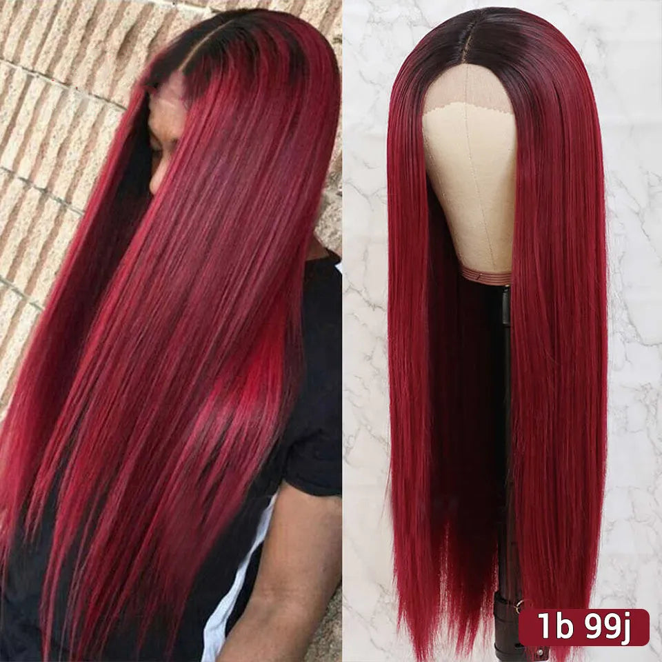 Wine red mid-length straight wig, approximately 70cm and 230g, with adjustable button net