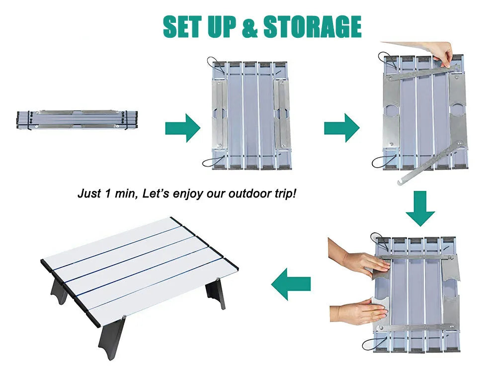 Silver aluminium alloy folding table and chair set, packed size 42 x 29 x 12 cm, for camping and garden use