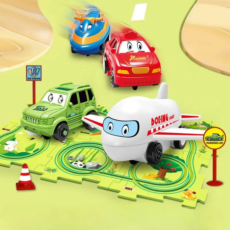Children puzzle electric railroad speeder DIY track set with automatic car on grooved rails