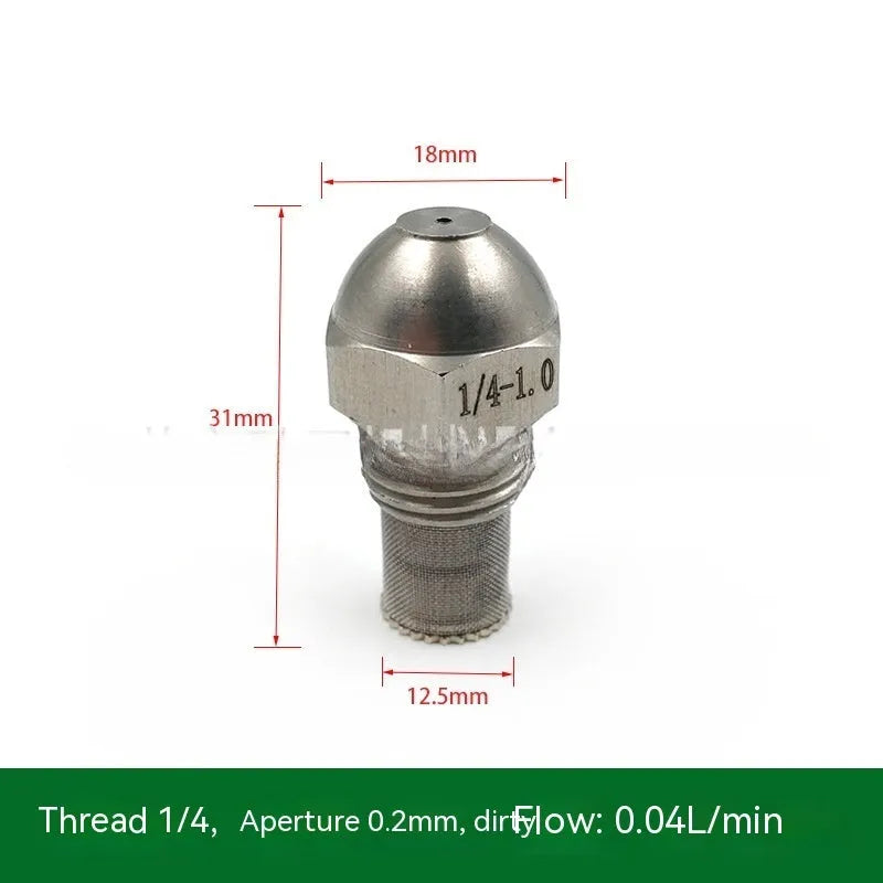 Stainless steel two-point fine atomisation spray nozzle with 1/4 inch thread connection.