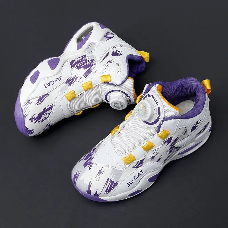 Children's rotating button basketball shoes in synthetic leather with PU sole, showing fastening system and colour options