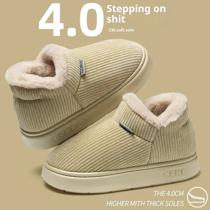 Ankle wrap cotton slippers in green with plush upper and EVA non-slip sole