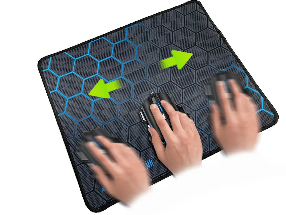 Custom cartoon design extended desk mat for keyboard and mouse on a wooden desk.