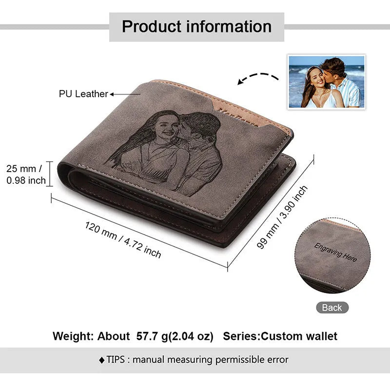 Coffee coloured PU leather engraved wallet showing personalised photo engraving option.