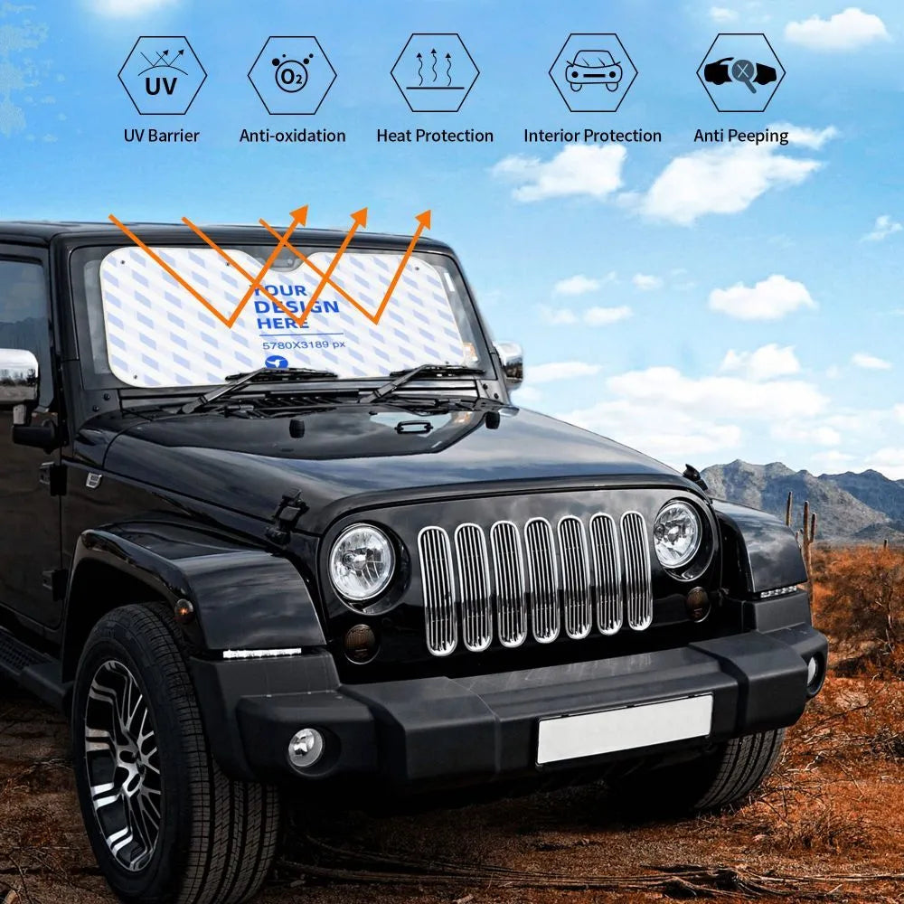 Lightweight car windshield sunshade in black with silver-coated fabric and suction cups