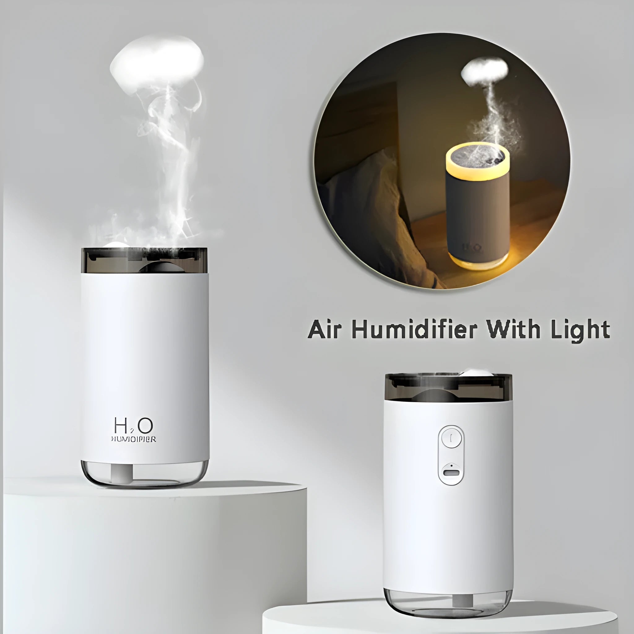 White jellyfish smoke ring humidifier with warm night light on a wooden surface