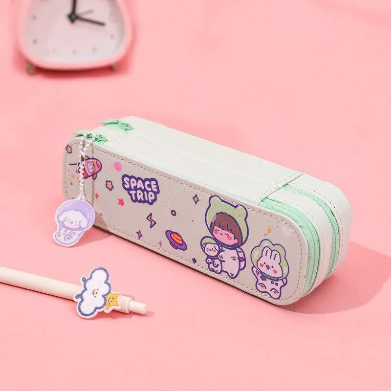 Ins cartoon double-layer pencil case in cute astronaut design with pen inside, made of PU material, available in multiple colours