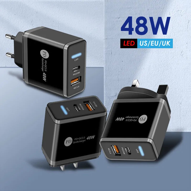 PD48W travel charger with USB-C port and multiple plug variants for UK, EU and US regions