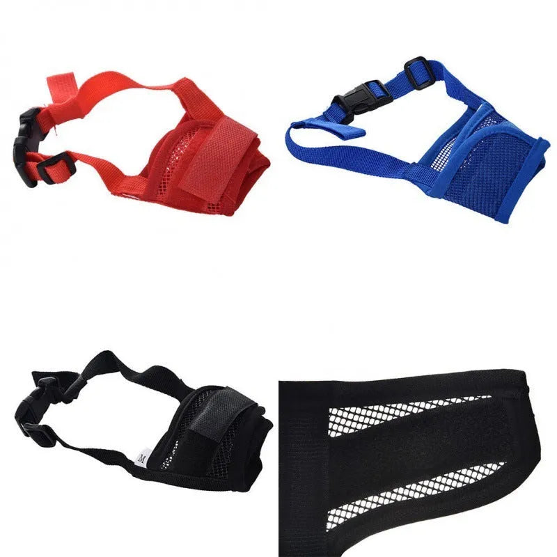 Adjustable plastic dog safety muzzle shown in multiple colours with size chart for S, M, L, XL, XXL.
