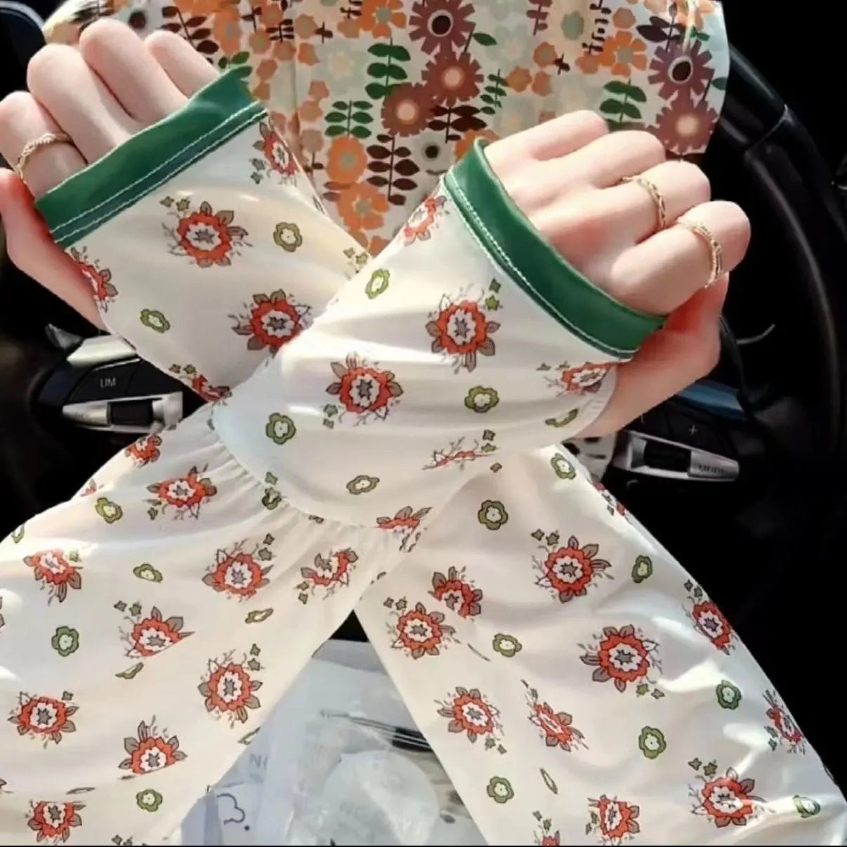 Printed ice silk UV protection oversleeve gloves with elasticated cuffs in floral and solid colours