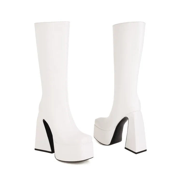 Women's black casual high boot with artificial PU upper, shown from the side.